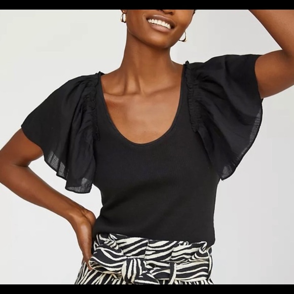 ANTHROPOLOGIE MAEVE FLUTTER SLEEVE TOP BLACK MEXIUM - Picture 11 of 12